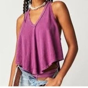 Free People Large XS Dahlia Mauve Karri V-Neck Tank Top Blouse V-Neck Racer New